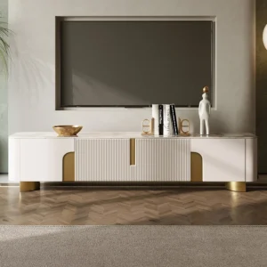 Artus 78.7" Stone Top Beige & Gold TV Stand with 4 Doors and Storage